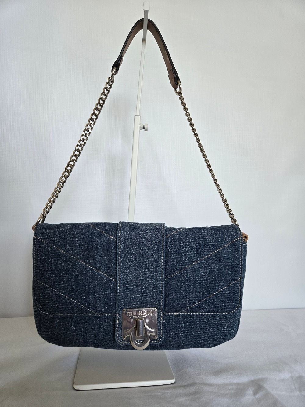 TRUE RELIGION QUILTED DENIM SHOULDER BAG FLAP SNAP CLOSURE BLUE